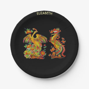 Psychedelic Fantasy Exotic Fractal Dragon Peacock Paper Plates