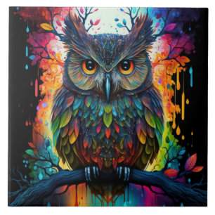 Psychedelic Fantasy Hippy Owl Ceramic Tile