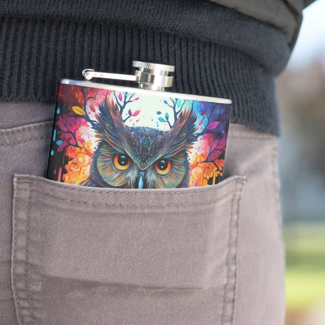 Psychedelic Fantasy Hippy Owl Flask (In Situ)