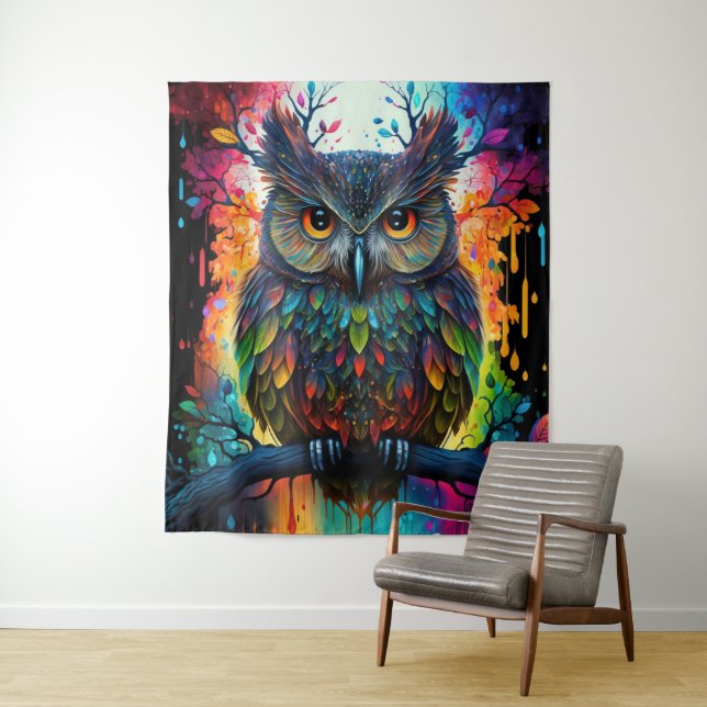 Psychedelic Fantasy Hippy Owl Tapestry (In Situ)