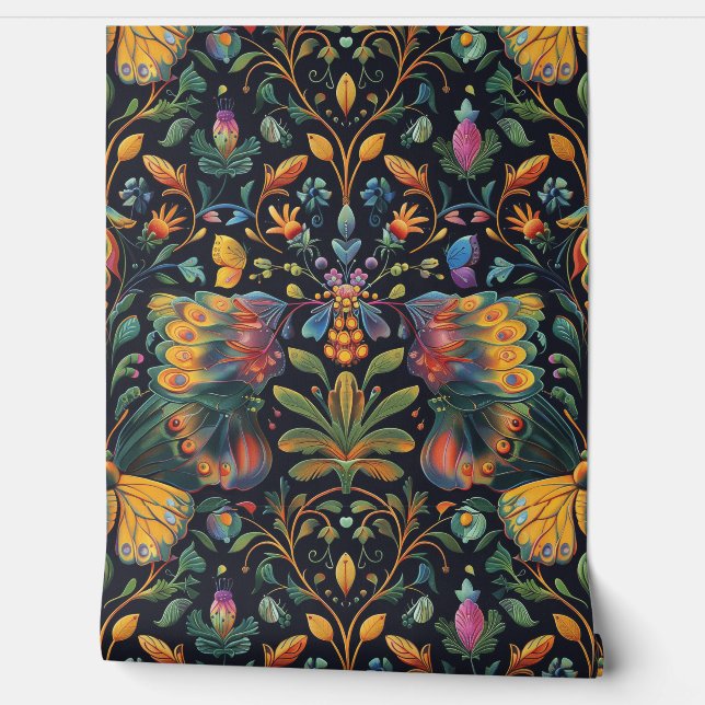 Psychedelic Flight Tapestry Botanical Wallpaper (Unrolling)