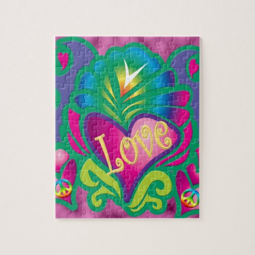 Psychedelic Floral Heart Jigsaw Puzzle