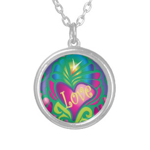 Psychedelic Floral Heart Silver Plated Necklace