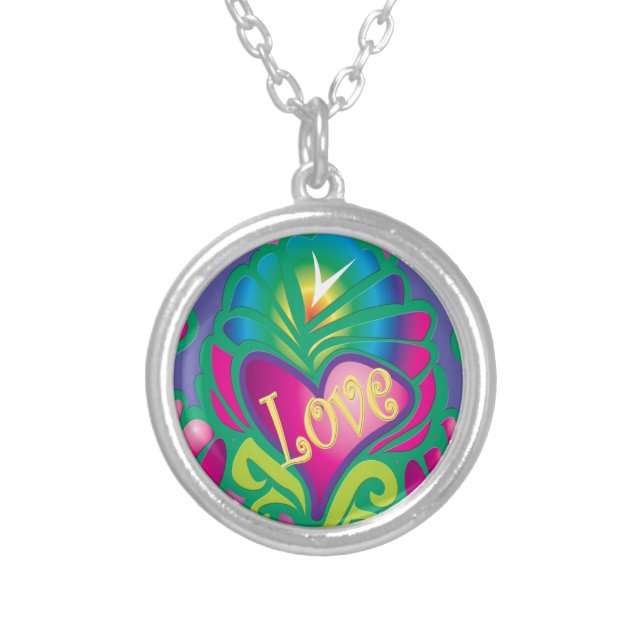 Psychedelic Floral Heart Silver Plated Necklace (Front)