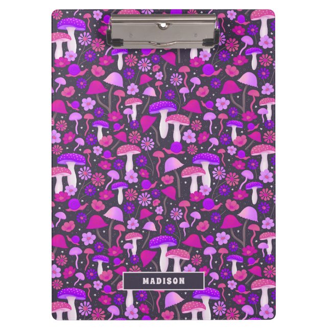 Psychedelic Floral Mushrooms Pink, Purple & Black Clipboard (Front)