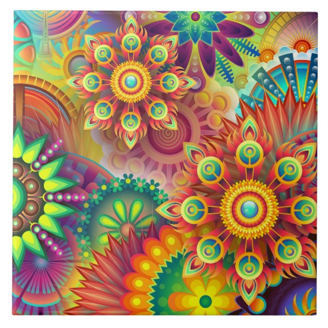 Psychedelic Floral Pattern  Ceramic Tile (Front)