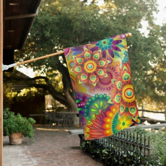 Psychedelic Floral Pattern House Flag