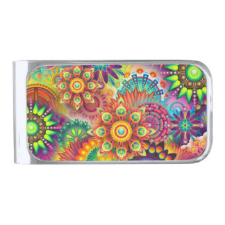 Psychedelic Floral Pattern Silver Finish Money Clip