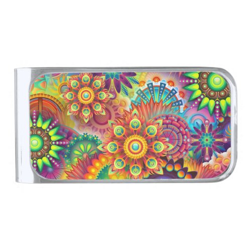 Psychedelic Floral Pattern  Silver Finish Money Clip