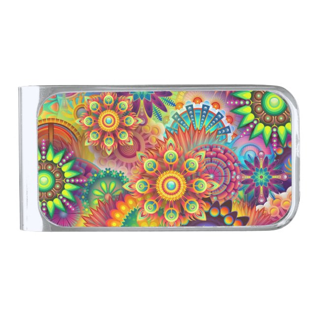 Psychedelic Floral Pattern  Silver Finish Money Clip (Front)