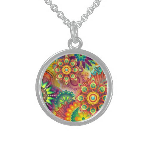 Psychedelic Floral Pattern  Sterling Silver Necklace