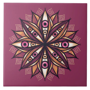 Psychedelic Flower Art with Trippy Creepy Eyes Ceramic Tile