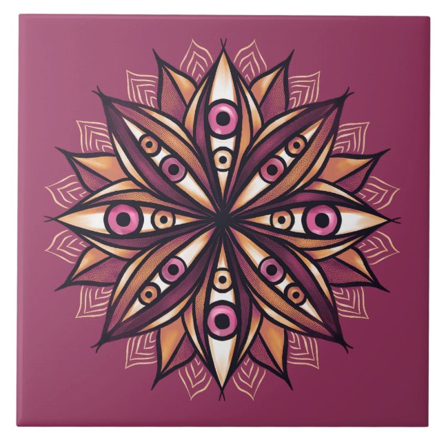 Psychedelic Flower Art with Trippy Creepy Eyes Ceramic Tile (Front)