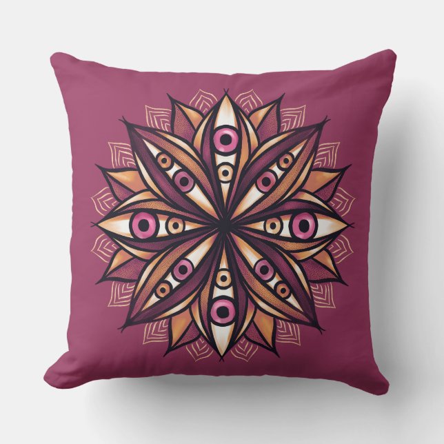 Psychedelic Flower Art with Trippy Creepy Eyes Throw Pillow (Front)