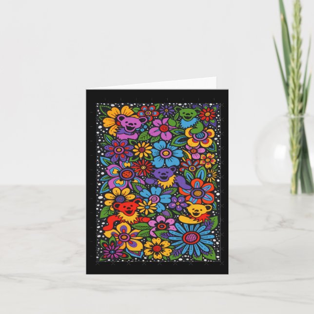 Psychedelic Flowers Dancing Bears Coloured Gratefu Card (Front)