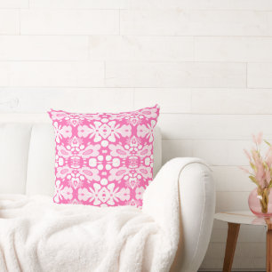 Psychedelic Flowers & Heart Blush Pink Throw Pillow