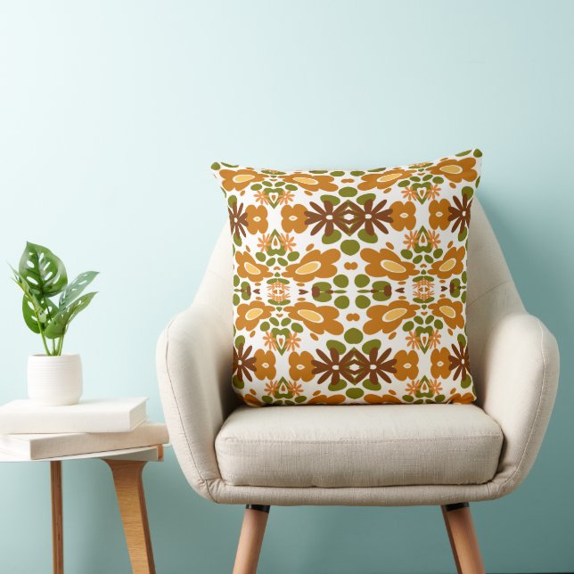 Psychedelic Flowers & Heart Brown Green White Throw Pillow (Chair)