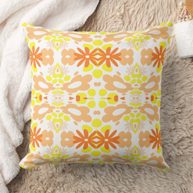 Psychedelic Flowers & Heart Orange Yellow White Throw Pillow (Blanket)