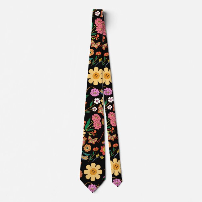 Psychedelic Flowers Pattern x4 Black BG Neck Tie (Front)