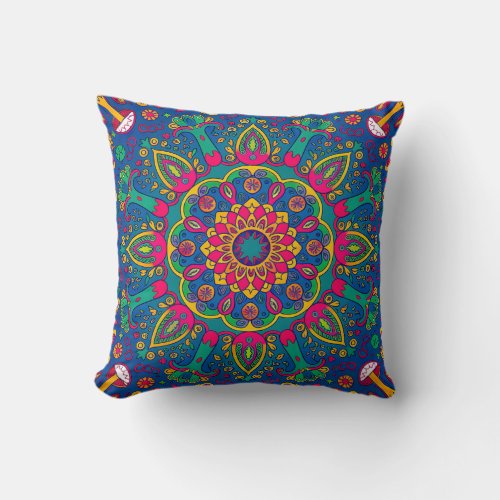 Psychedelic Forest Mandala Throw Pillow