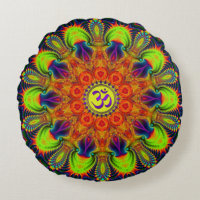 Psychedelic Fractal Kaleidoscope Om Round Pillow