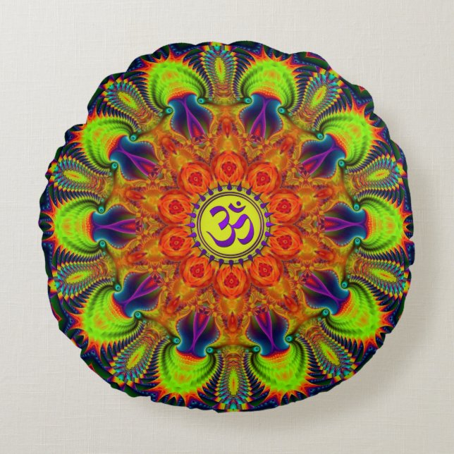 Psychedelic Fractal Kaleidoscope Om Round Pillow (Front)