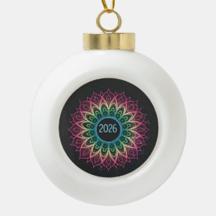 Psychedelic Fractal Mandala 2026 Design with Neon Ceramic Ball Christmas Ornament