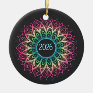 Psychedelic Fractal Mandala 2026 Design with Neon Ceramic Ornament