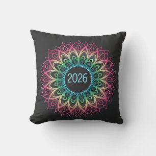 Psychedelic Fractal Mandala 2026 Design with Neon Throw Pillow