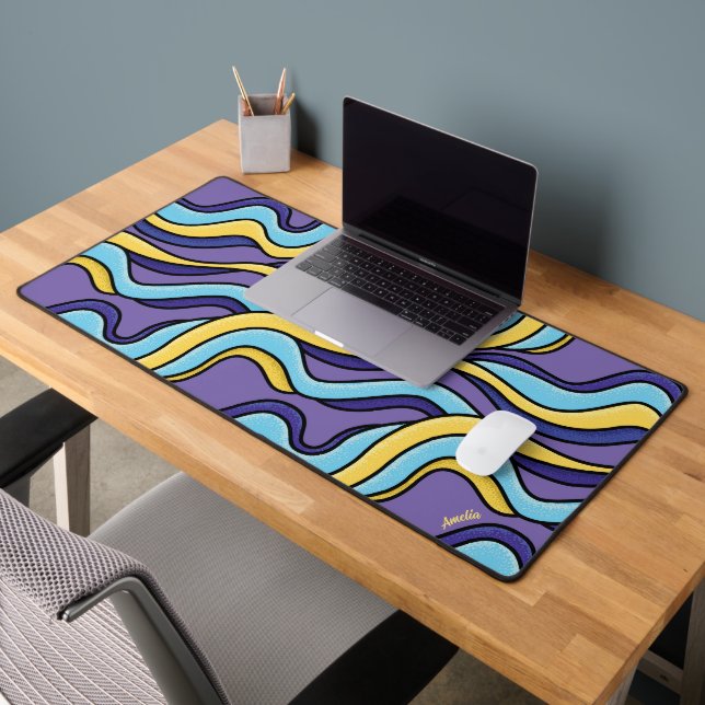 Psychedelic Funky Colorful Waves Retro Modern Desk Mat (Office 2)