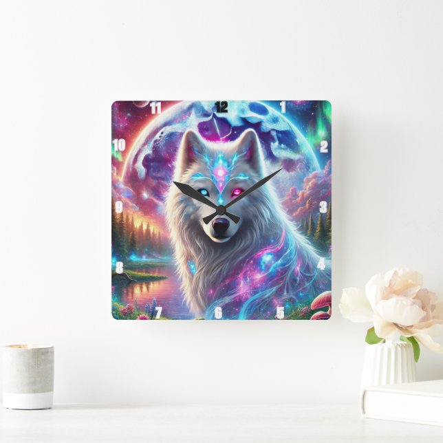 Psychedelic Galaxy Wolf  Square Wall Clock (Home)
