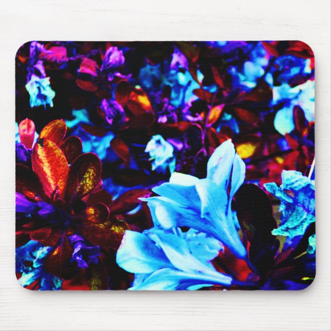 Psychedelic Garden Flowers Blue Purple Fuschia Mouse Pad (Front)
