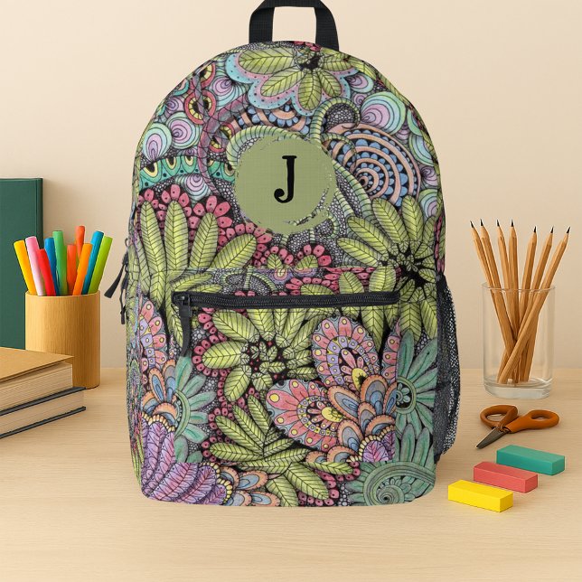 Psychedelic Garden Hand-Drawn Floral Monogram  Printed Backpack (Creator Uploaded)