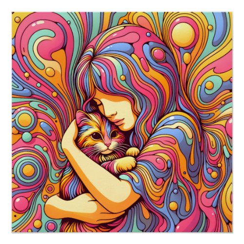 Psychedelic Girl and Cat Poster