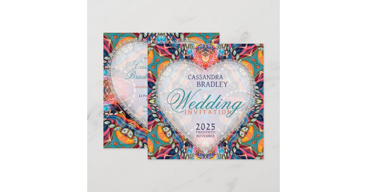 Psychedelic Glam Crystal Heart Wedding Invitation | Zazzle