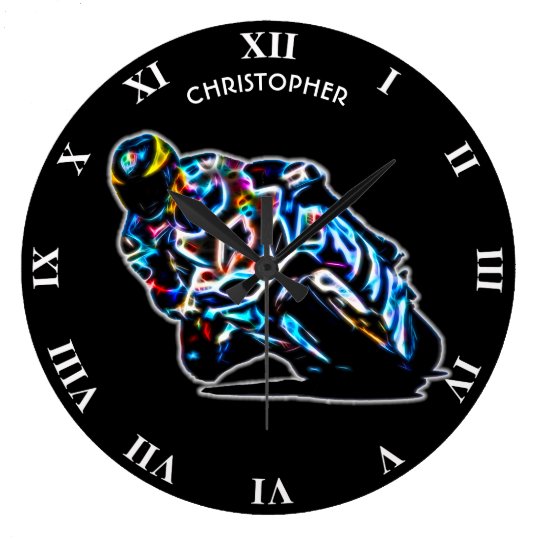 Psychedelic Glowing Racing Bike Motorcycle Rider Large Clock