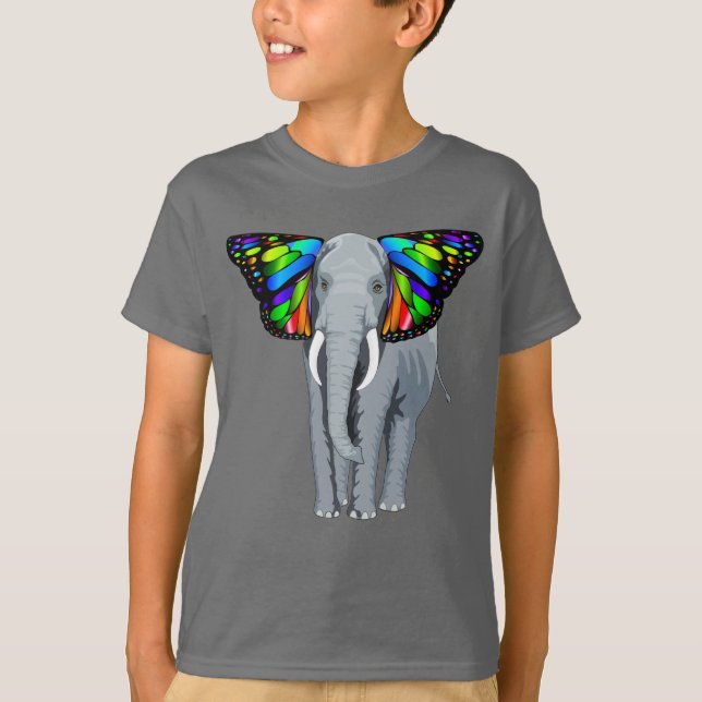 Psychedelic Gray Elephant With Butterfly Ears Cool T-Shirt (Front)