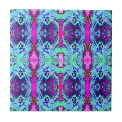 Psychedelic Green and Blue Hibiscus Pattern Ceramic Tile