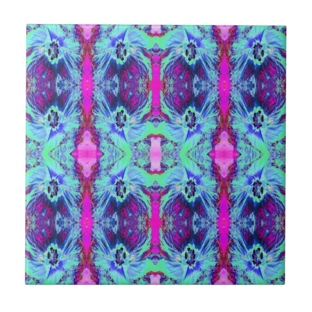 Psychedelic Green and Blue Hibiscus Pattern Ceramic Tile (Front)