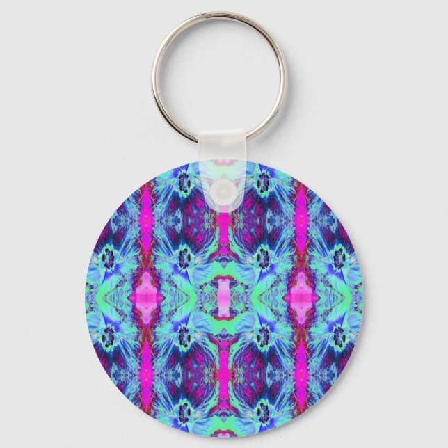 Psychedelic Green and Blue Hibiscus Pattern Keychain (Front)