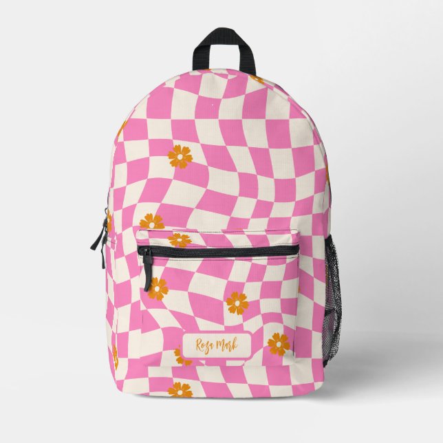 Psychedelic Groovy Daisy Checkerboard, Y2K 90s Printed Backpack (Front)