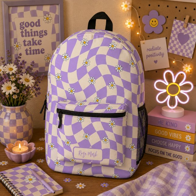 Psychedelic Groovy Daisy Checkerboard, Y2K 90s Printed Backpack (Creator Uploaded)
