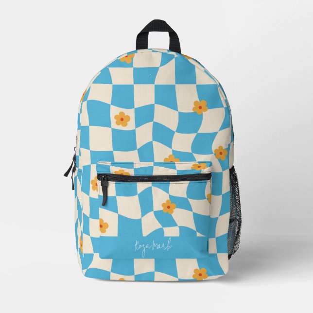Psychedelic Groovy Floral Checkerboard Printed Backpack (Front)