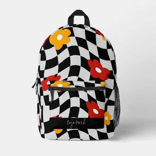 Psychedelic Groovy Floral Checkerboard, Y2K 90s Printed Backpack (Front)
