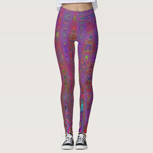 Psychedelic Groovy Magenta Retro Atomic Waves Leggings (Front)