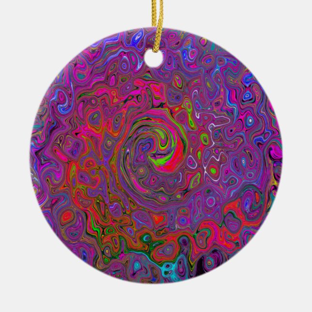 Psychedelic Groovy Magenta Retro Liquid Swirl Ceramic Ornament (Front)