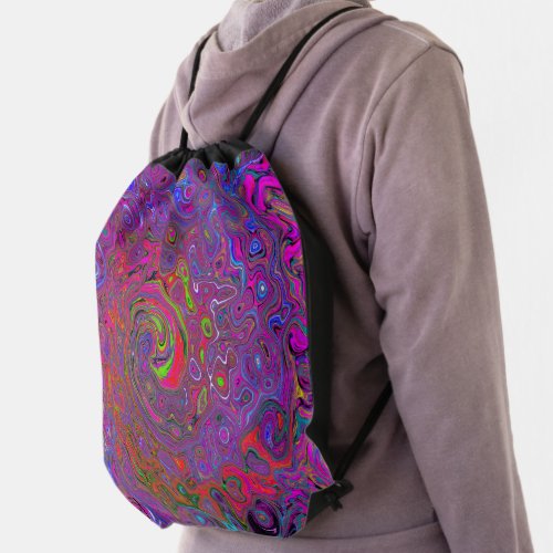Psychedelic Groovy Magenta Retro Liquid Swirl Drawstring Bag