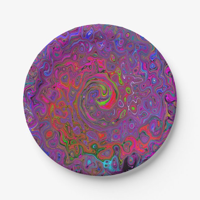 Psychedelic Groovy Magenta Retro Liquid Swirl Paper Plates (Front)
