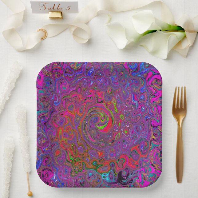 Psychedelic Groovy Magenta Retro Liquid Swirl Paper Plates (Wedding)