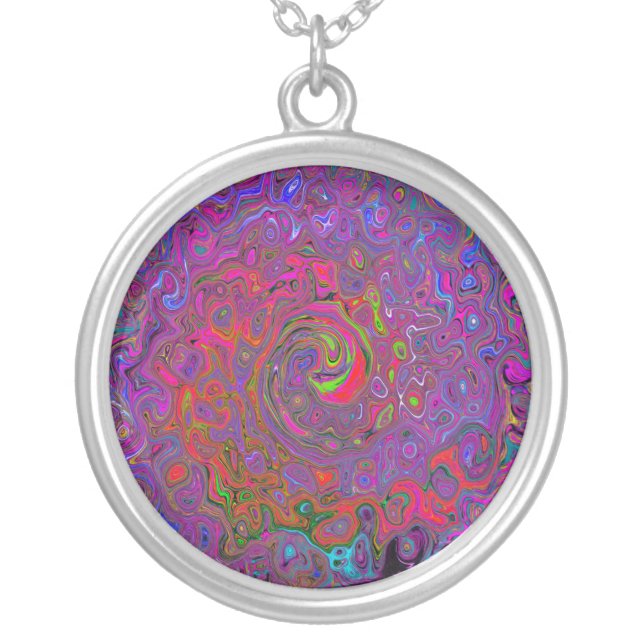 Psychedelic Groovy Magenta Retro Liquid Swirl Silver Plated Necklace (Front)